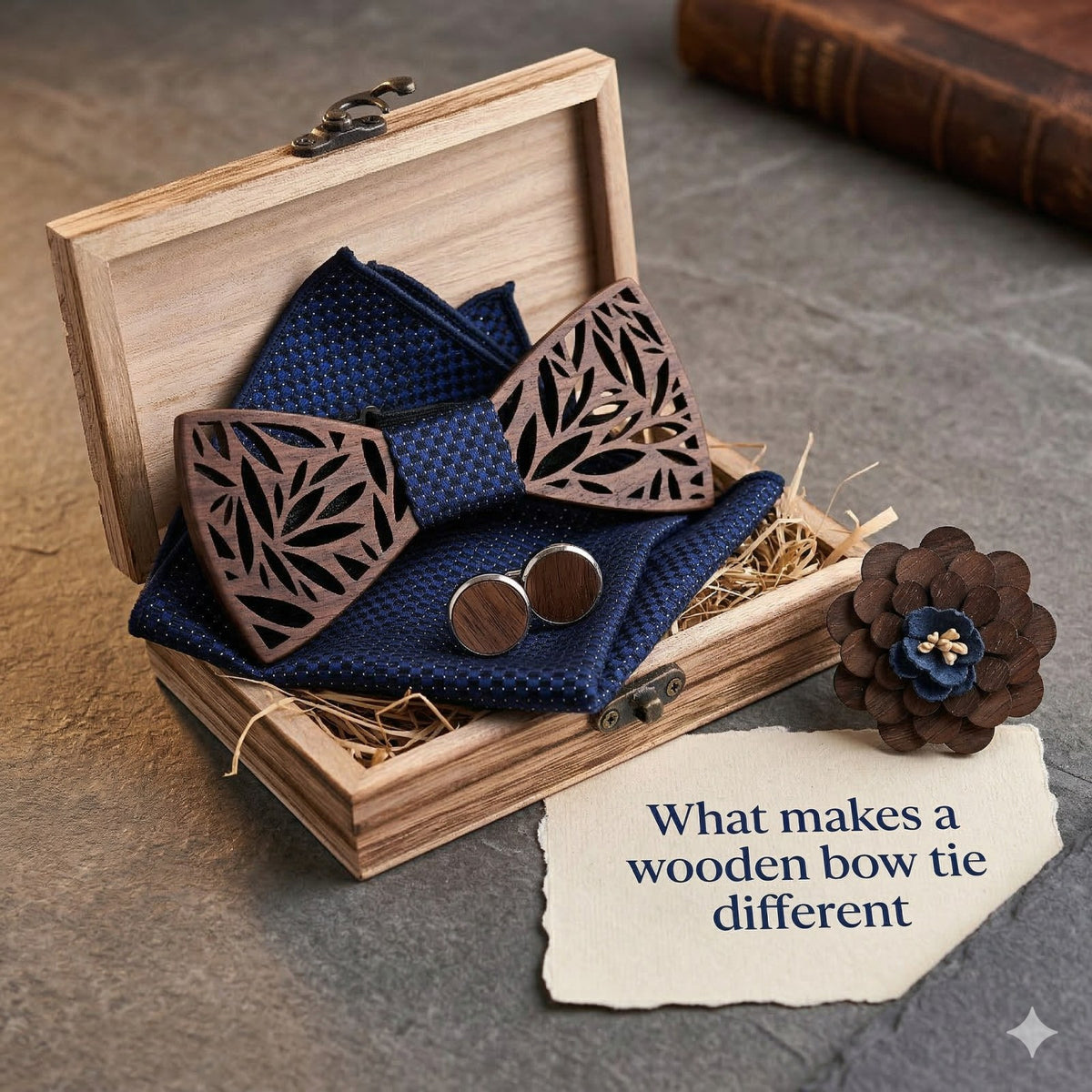Botanica walnut bow tie with cufflinks and pocket square - photo 4 - MAHOOSIVE