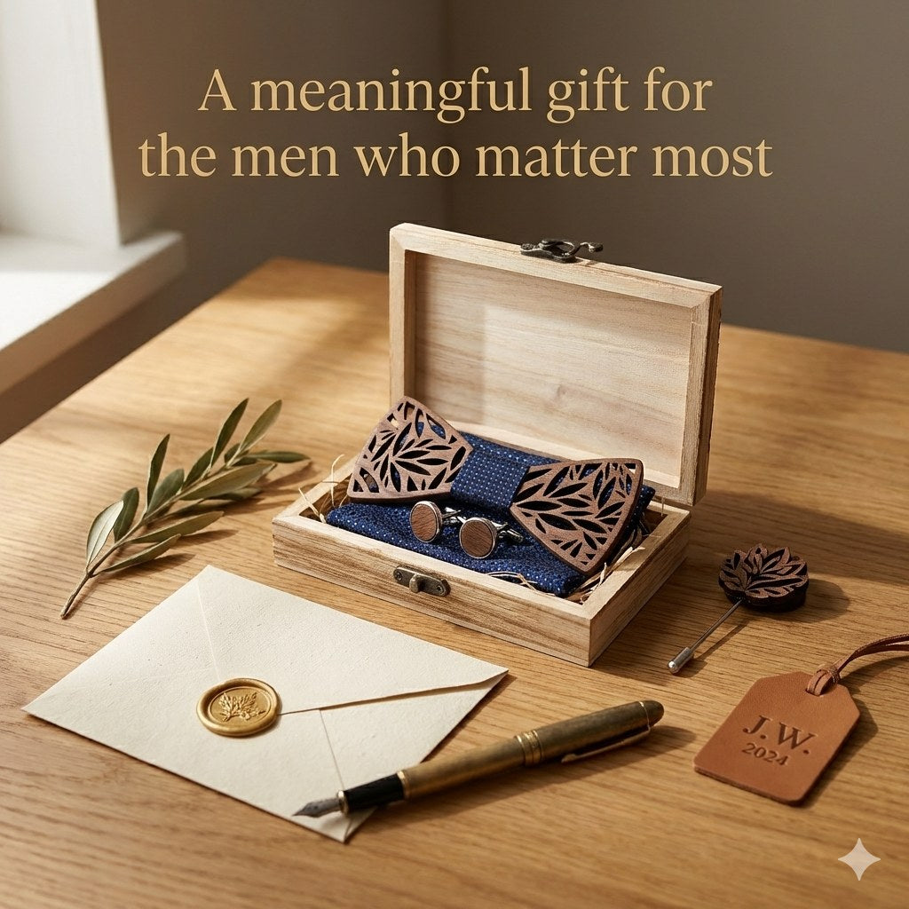 Botanica walnut bow tie with cufflinks and pocket square - photo 5 - MAHOOSIVE