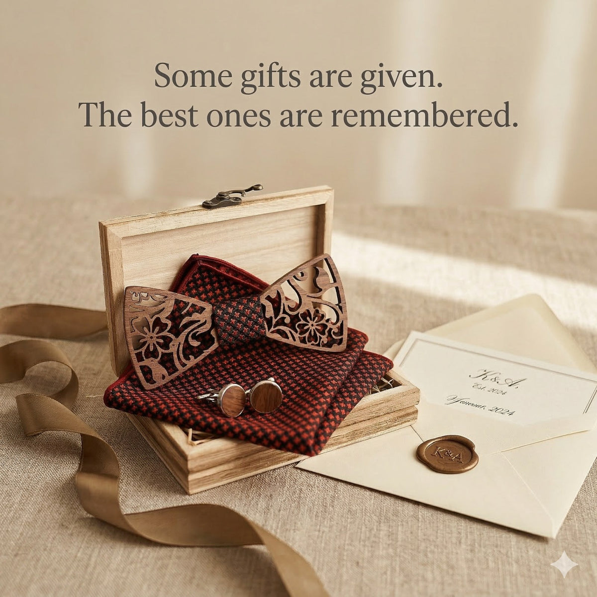 Botanica walnut bow tie with cufflinks and pocket square - photo 6 - MAHOOSIVE