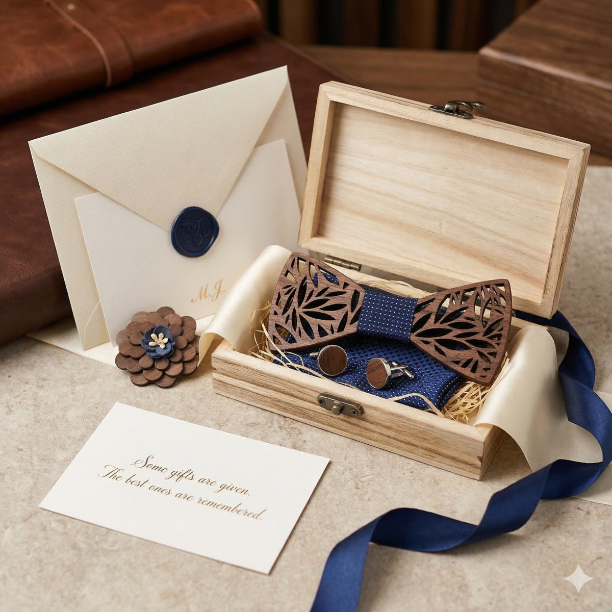 Botanica walnut bow tie with cufflinks and pocket square - photo 7 - MAHOOSIVE