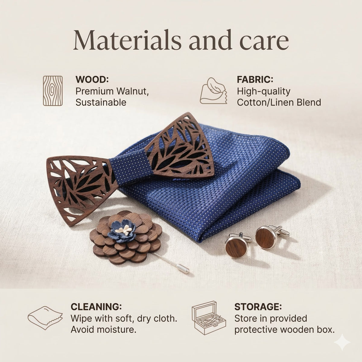 Botanica walnut bow tie with cufflinks and pocket square - photo 8 - MAHOOSIVE