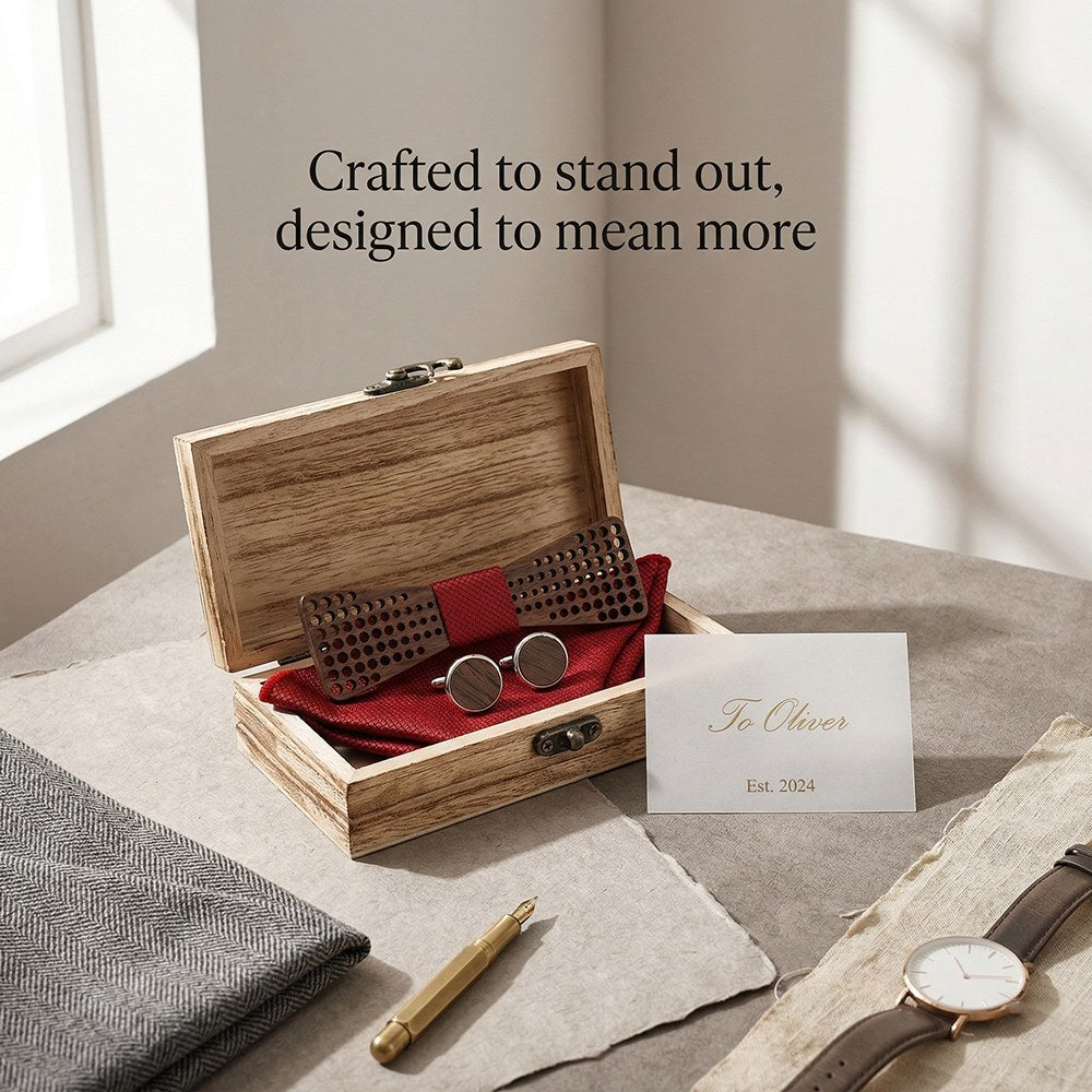 Cadence walnut bow tie with cufflinks and pocket square - photo 4 - MAHOOSIVE