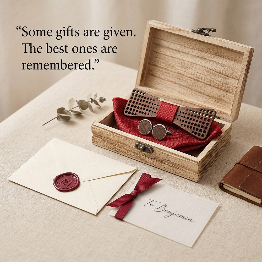 Cadence walnut bow tie with cufflinks and pocket square - photo 5 - MAHOOSIVE