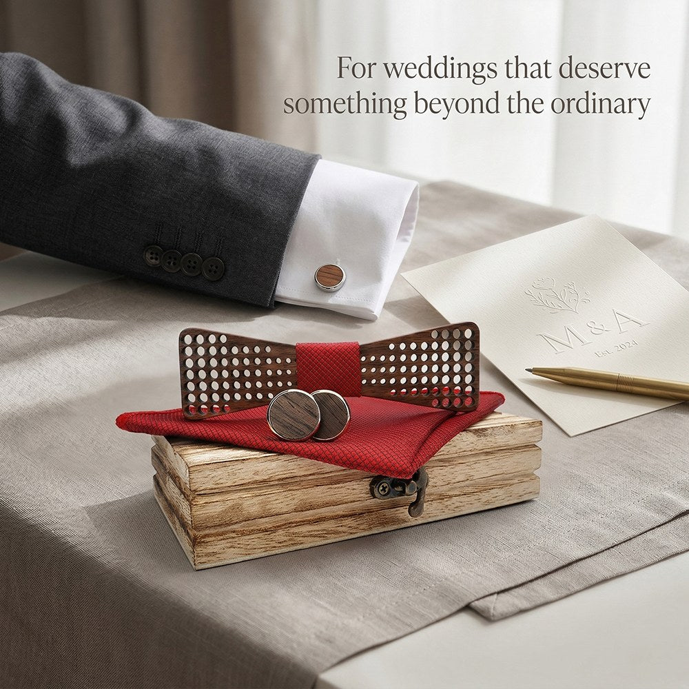 Cadence walnut bow tie with cufflinks and pocket square - photo 7 - MAHOOSIVE