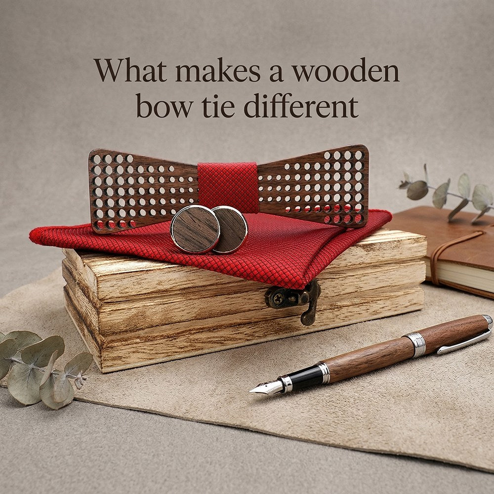 Cadence walnut bow tie with cufflinks and pocket square - photo 8 - MAHOOSIVE
