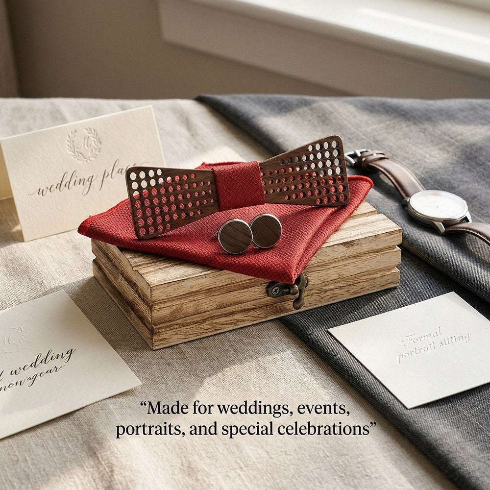 Cadence walnut bow tie with cufflinks and pocket square - photo 9 - MAHOOSIVE