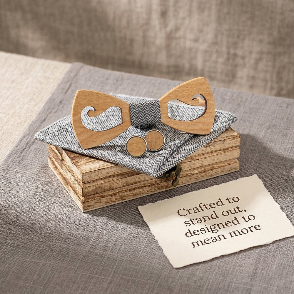 Cirrus walnut bow tie with cufflinks and pocket square - photo 3 - MAHOOSIVE