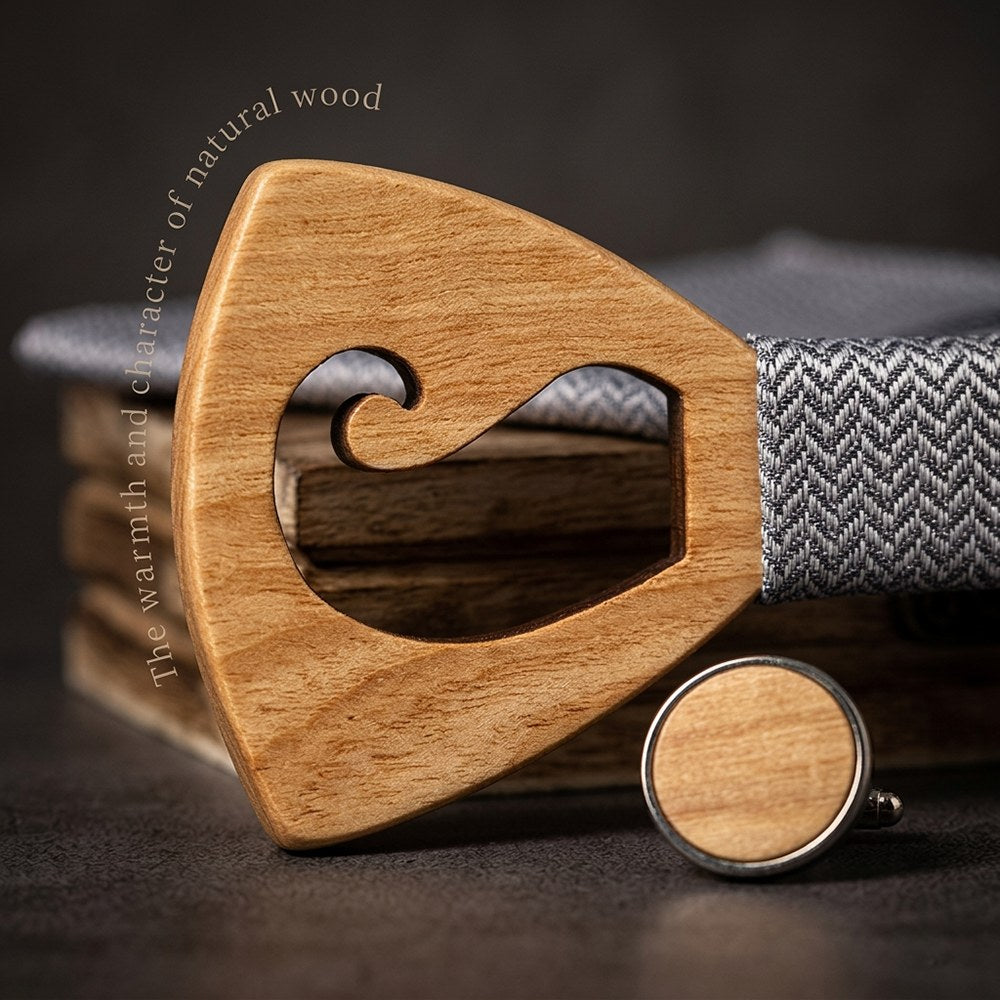 Cirrus walnut bow tie with cufflinks and pocket square - photo 4 - MAHOOSIVE