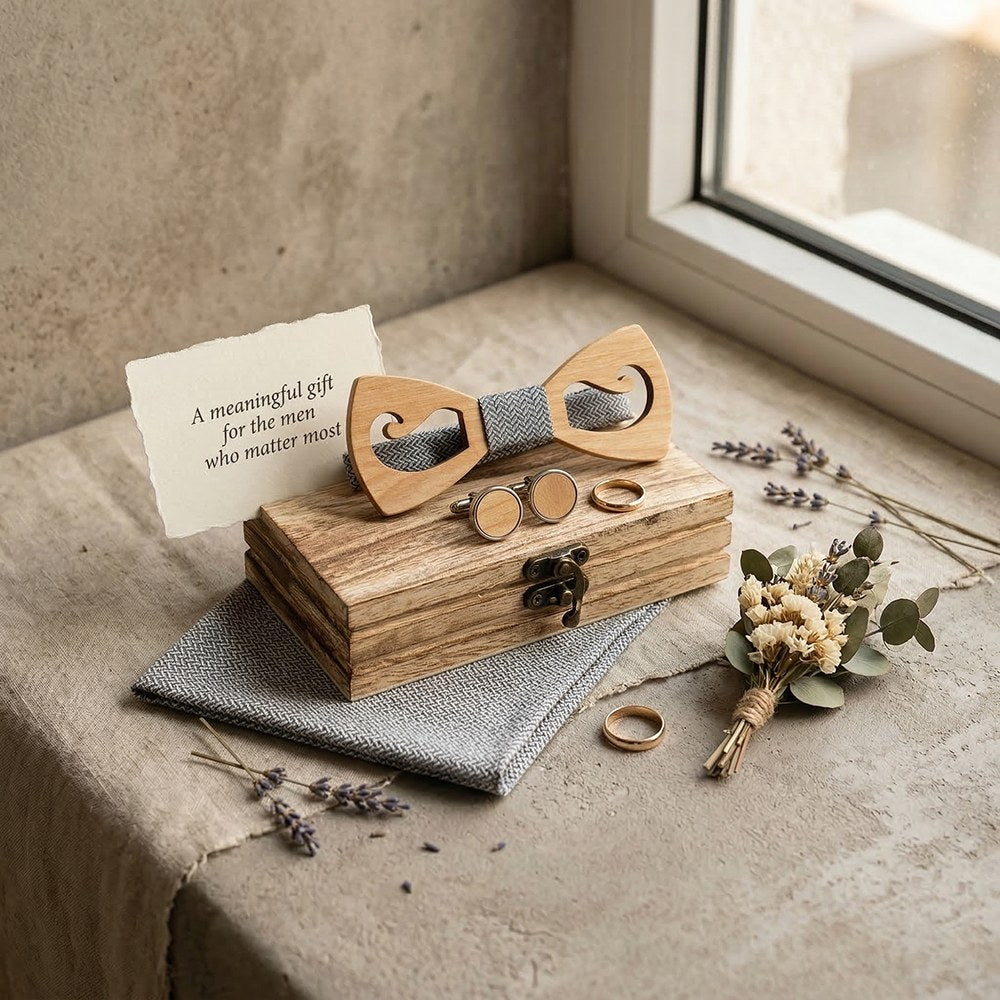 Cirrus walnut bow tie with cufflinks and pocket square - photo 6 - MAHOOSIVE