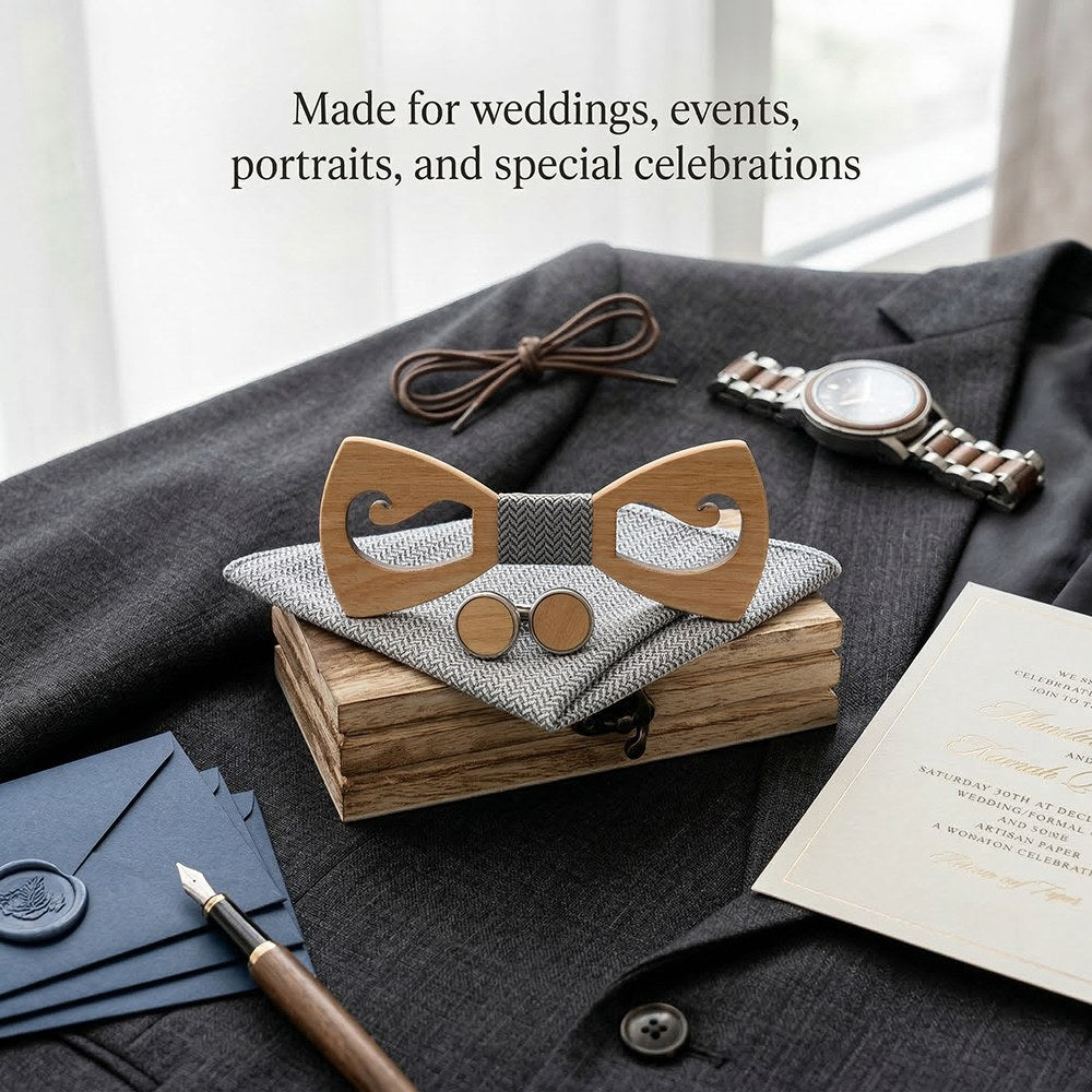 Cirrus walnut bow tie with cufflinks and pocket square - photo 8 - MAHOOSIVE
