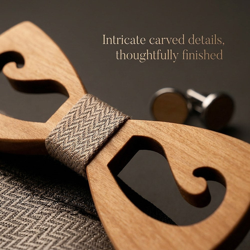 Cirrus walnut bow tie with cufflinks and pocket square - photo 9 - MAHOOSIVE
