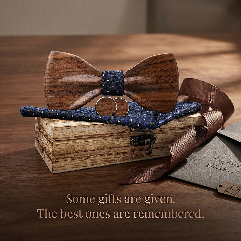Cobalt walnut bow tie with cufflinks and pocket square - photo 2 - MAHOOSIVE