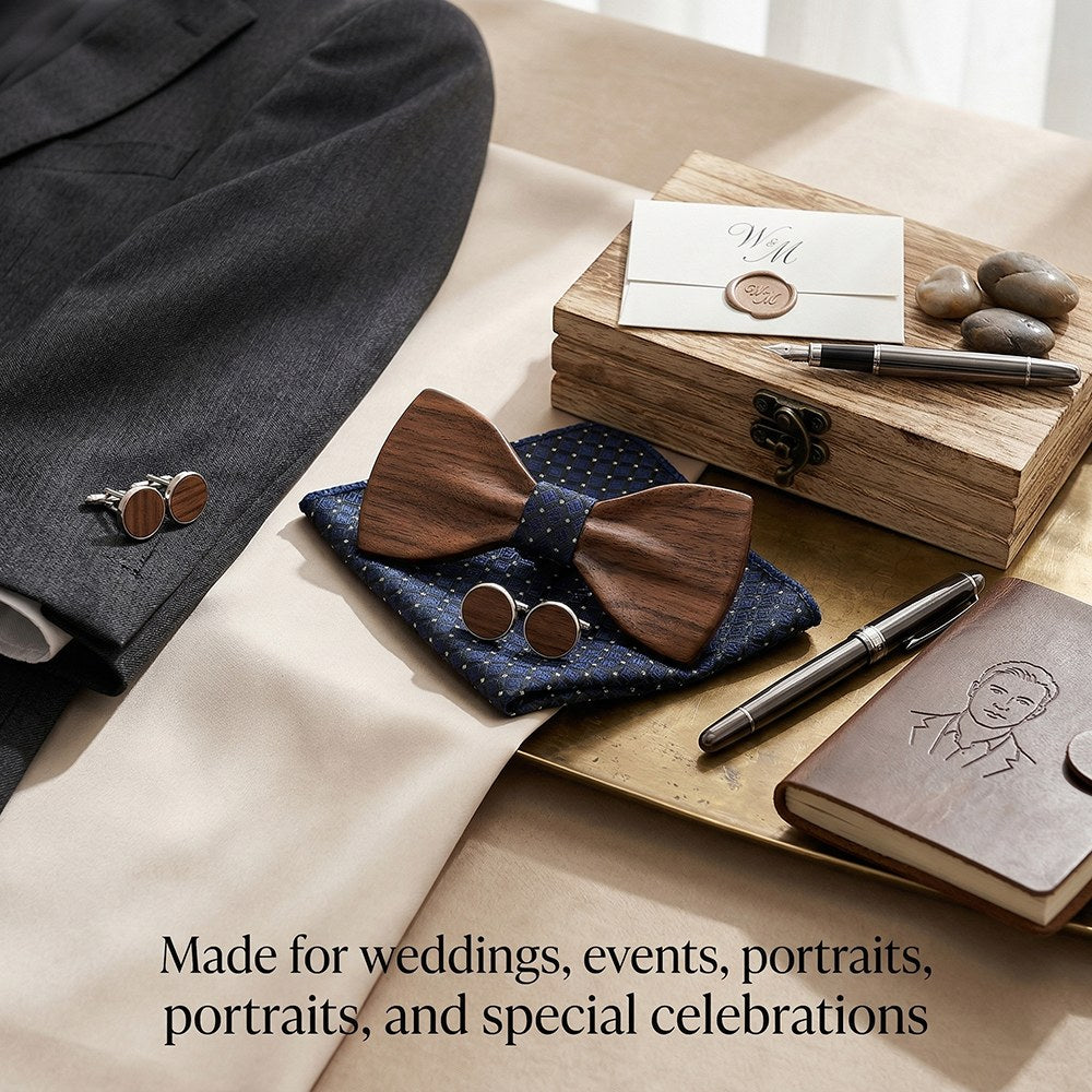 Cobalt walnut bow tie with cufflinks and pocket square - photo 3 - MAHOOSIVE
