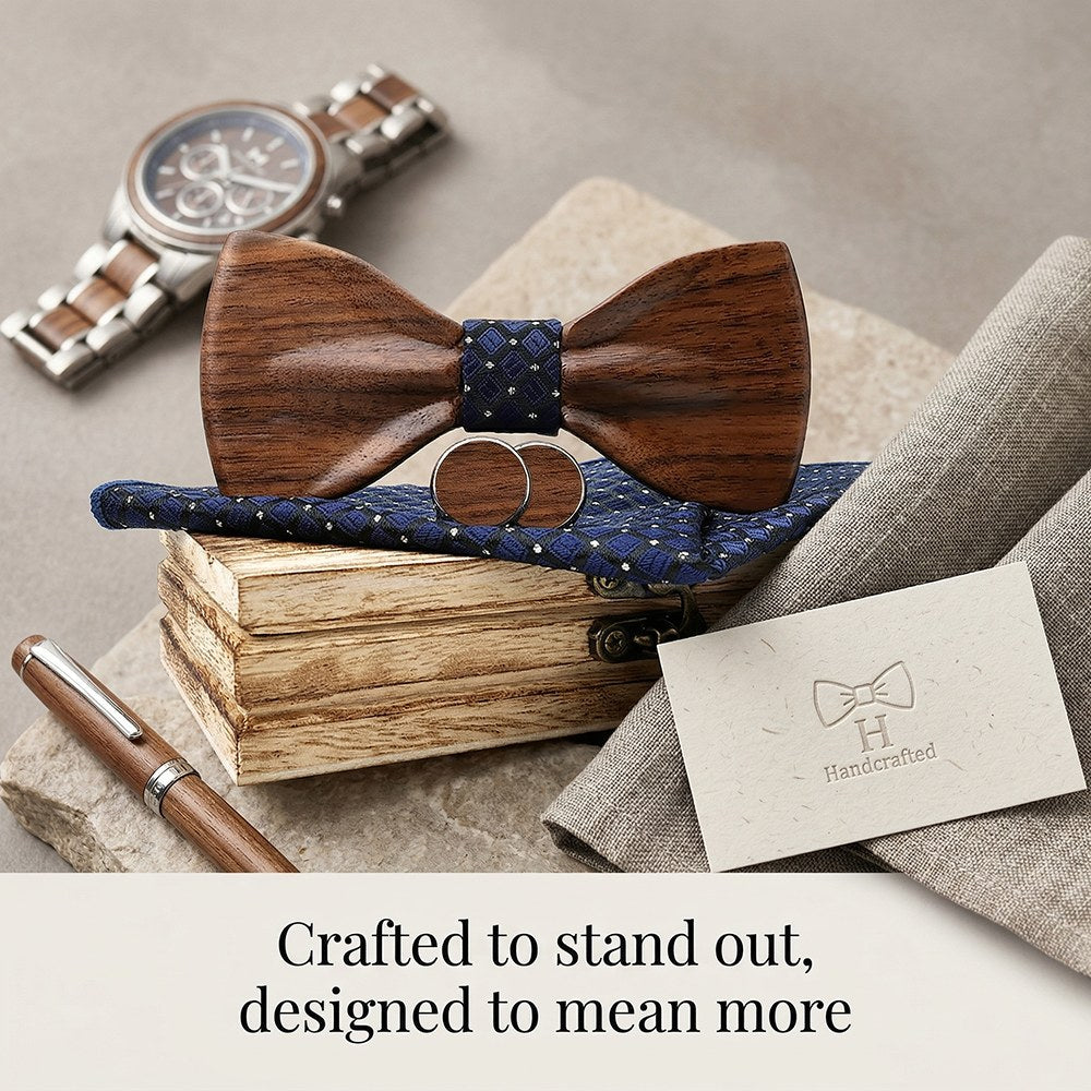 Cobalt walnut bow tie with cufflinks and pocket square - photo 4 - MAHOOSIVE