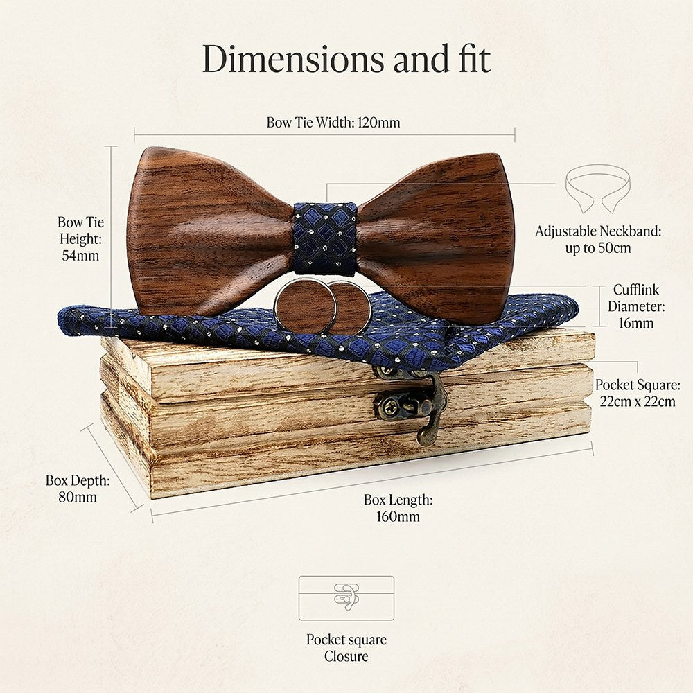 Cobalt walnut bow tie with cufflinks and pocket square - photo 5 - MAHOOSIVE