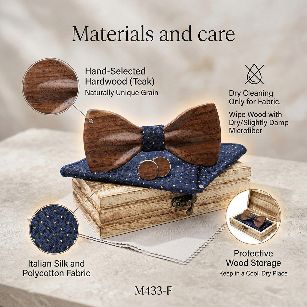 Cobalt walnut bow tie with cufflinks and pocket square - photo 6 - MAHOOSIVE