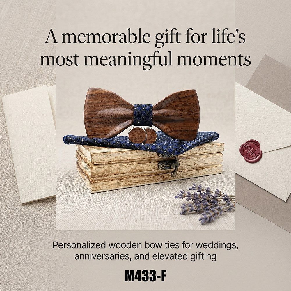 Cobalt walnut bow tie with cufflinks and pocket square - photo 7 - MAHOOSIVE