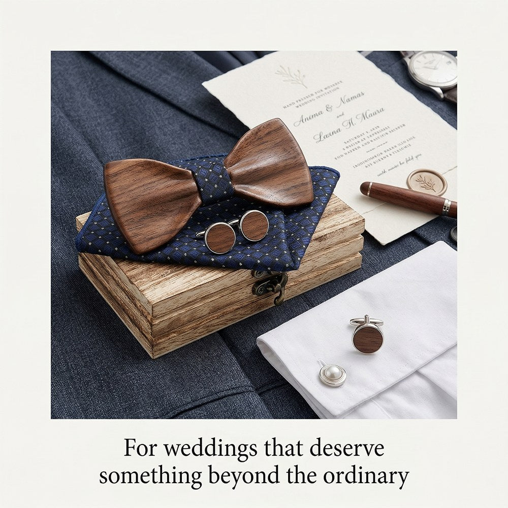 Cobalt walnut bow tie with cufflinks and pocket square - photo 8 - MAHOOSIVE
