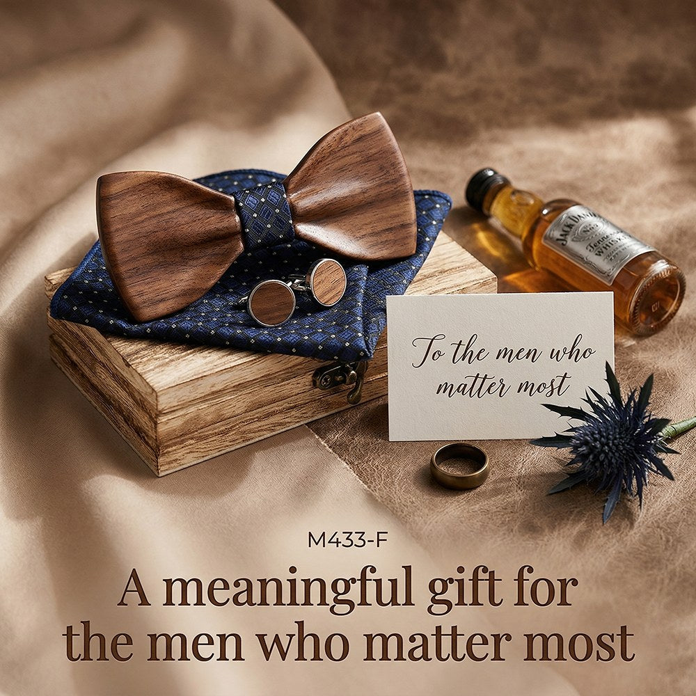 Cobalt walnut bow tie with cufflinks and pocket square - photo 9 - MAHOOSIVE