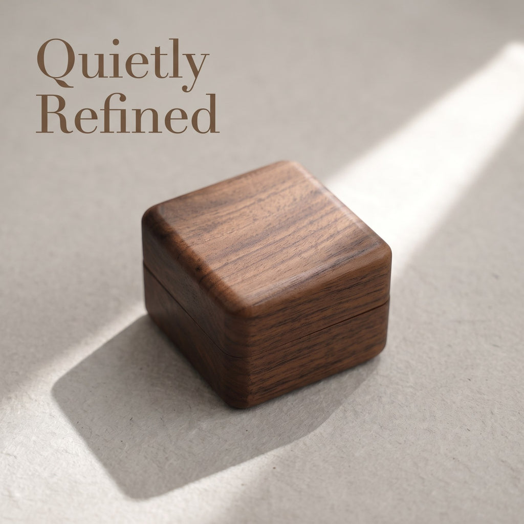 Walnut ring box closed, on a plain surface - Covenant - MAHOOSIVE