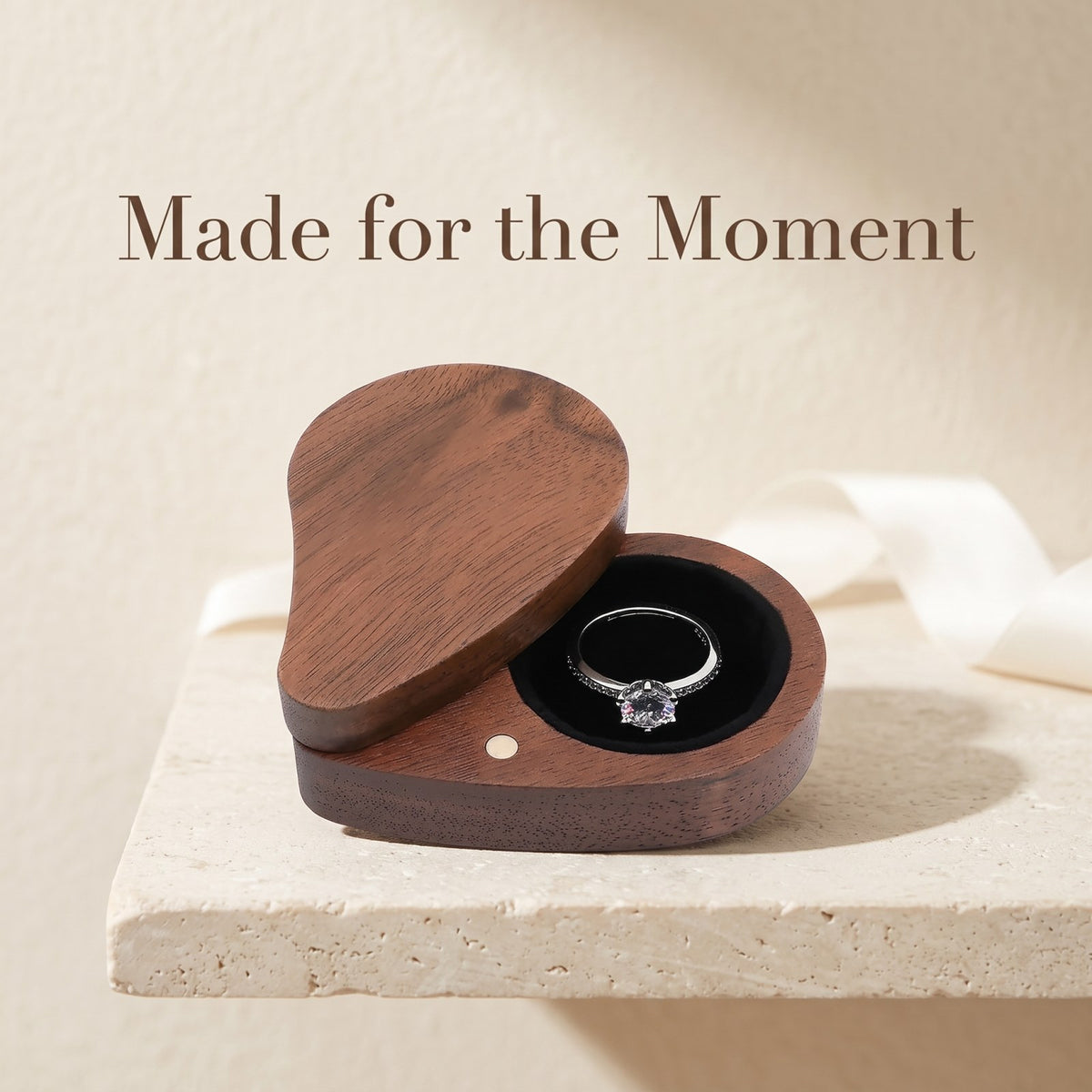 Walnut ring box in a gift setting - Devotion: Shaped Like the Feeling - MAHOOSIVE