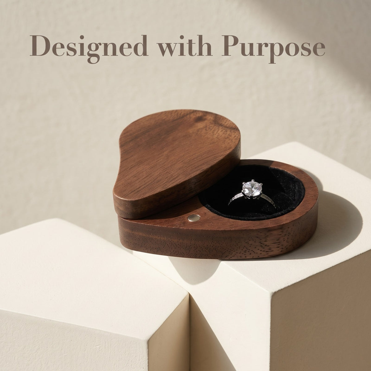 Walnut ring box shown open to reveal the interior - Devotion - MAHOOSIVE