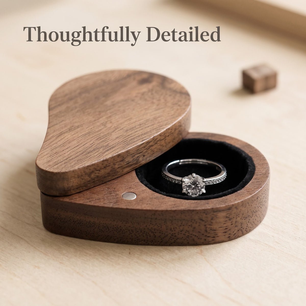 Walnut ring box close-up of the walnut grain and edge - Devotion - MAHOOSIVE