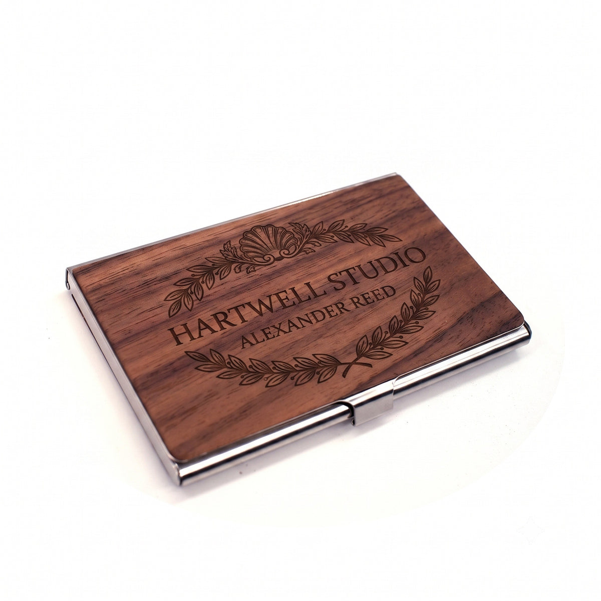 Personalized walnut and stainless steel business card case with engraved laurel design - MAHOOSIVE