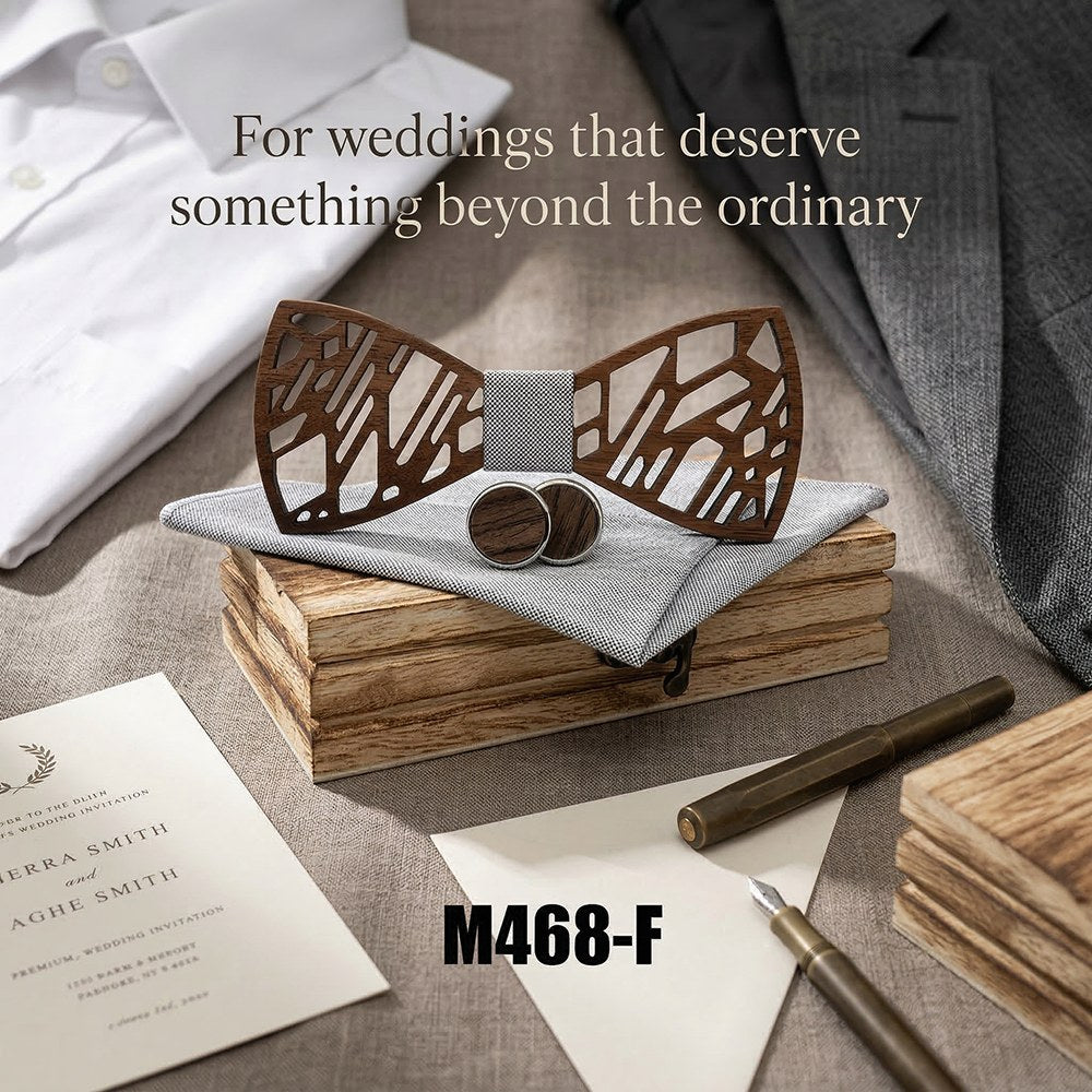 Kintsugi walnut bow tie with cufflinks and pocket square - photo 2 - MAHOOSIVE