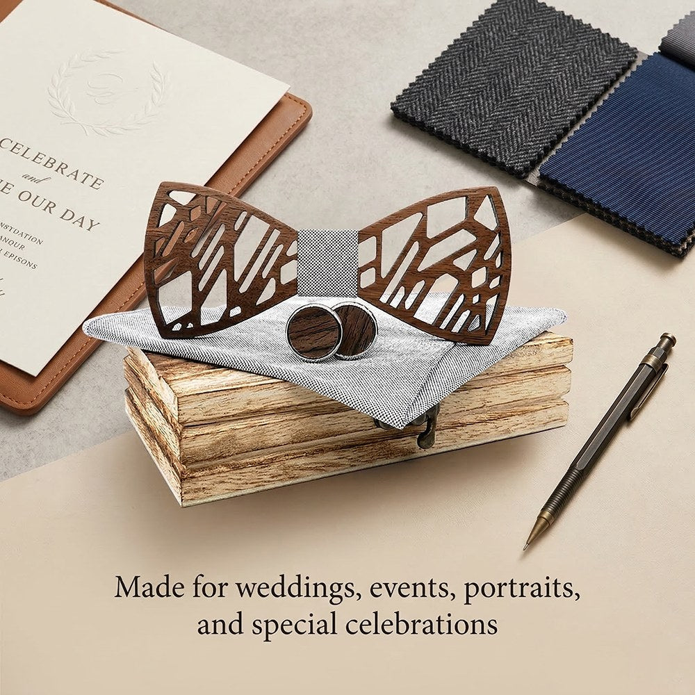 Kintsugi walnut bow tie with cufflinks and pocket square - photo 5 - MAHOOSIVE