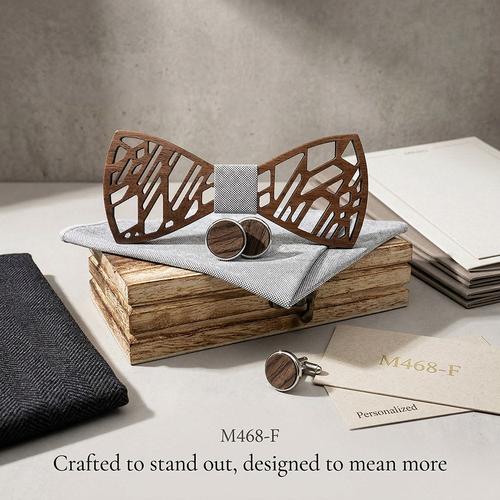 Kintsugi walnut bow tie with cufflinks and pocket square - photo 9 - MAHOOSIVE