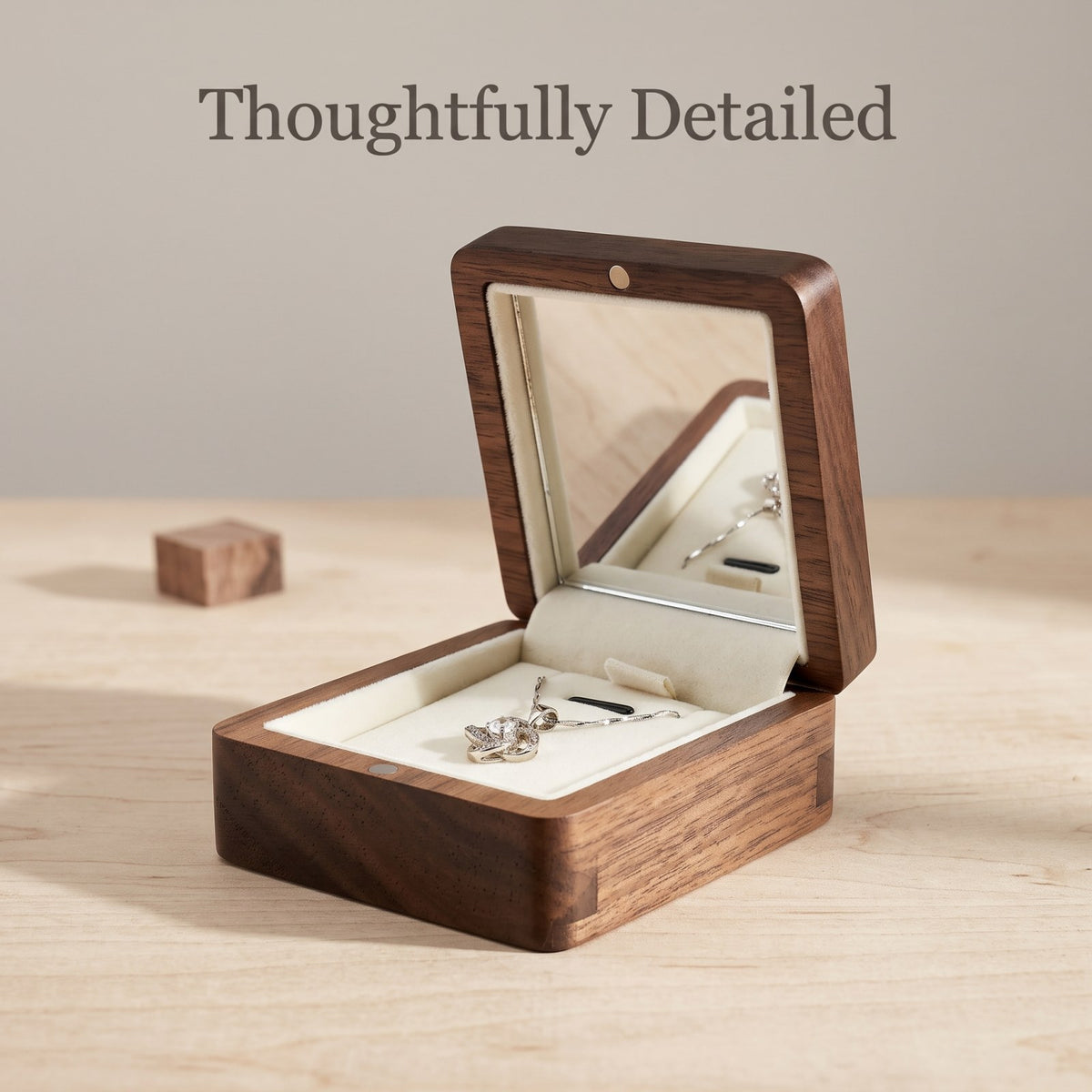 Walnut jewellery box close-up of the walnut grain and edge - Locket - MAHOOSIVE
