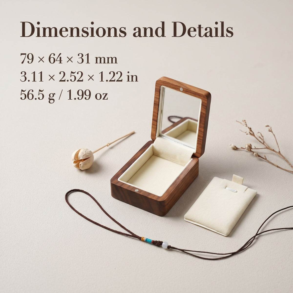 Walnut jewellery box dimensions and measurements - Locket - MAHOOSIVE