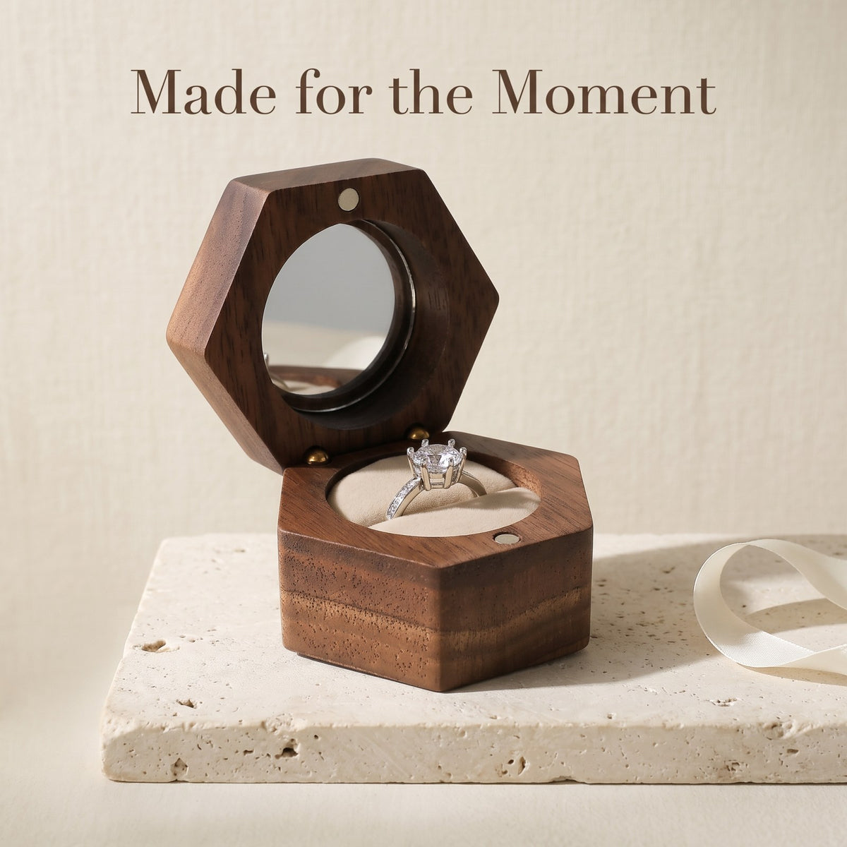 Walnut ring box in a gift setting - Lucent: A Mirror to the Moment - MAHOOSIVE