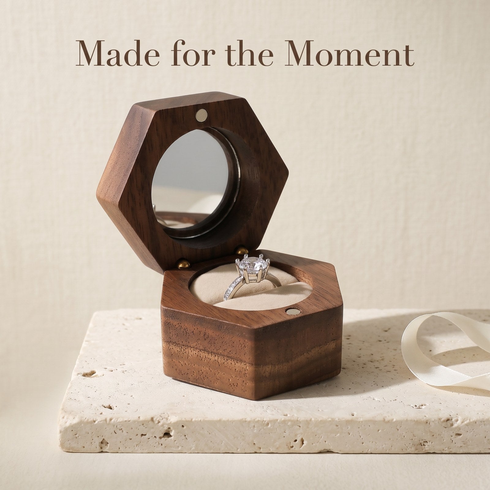 Walnut ring box in a gift setting - Lucent: A Mirror to the Moment - MAHOOSIVE