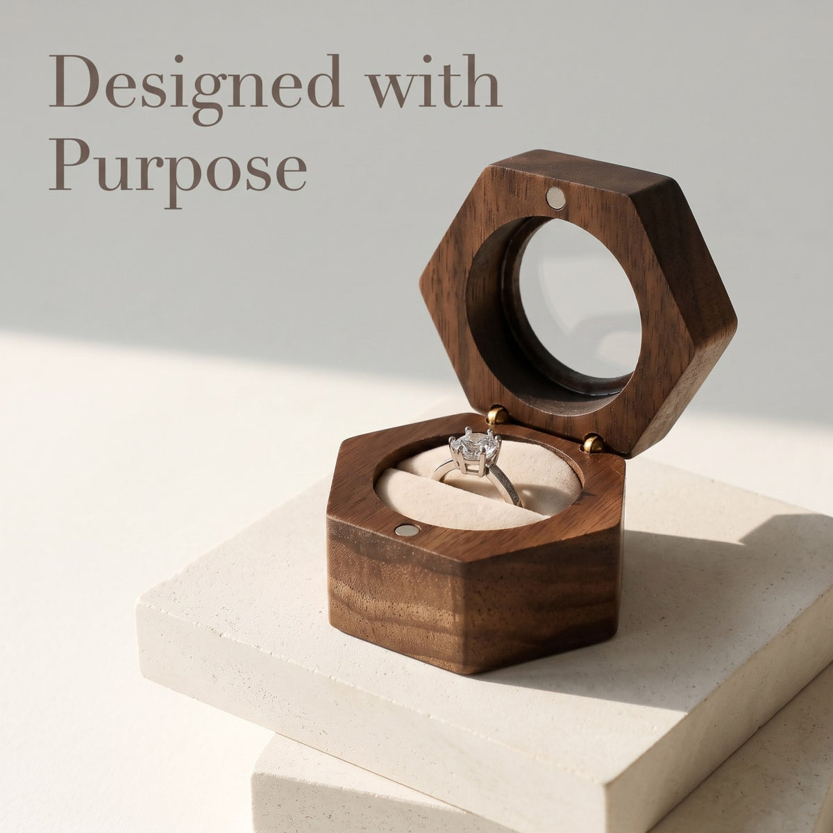 Walnut ring box shown open to reveal the interior - Lucent - MAHOOSIVE