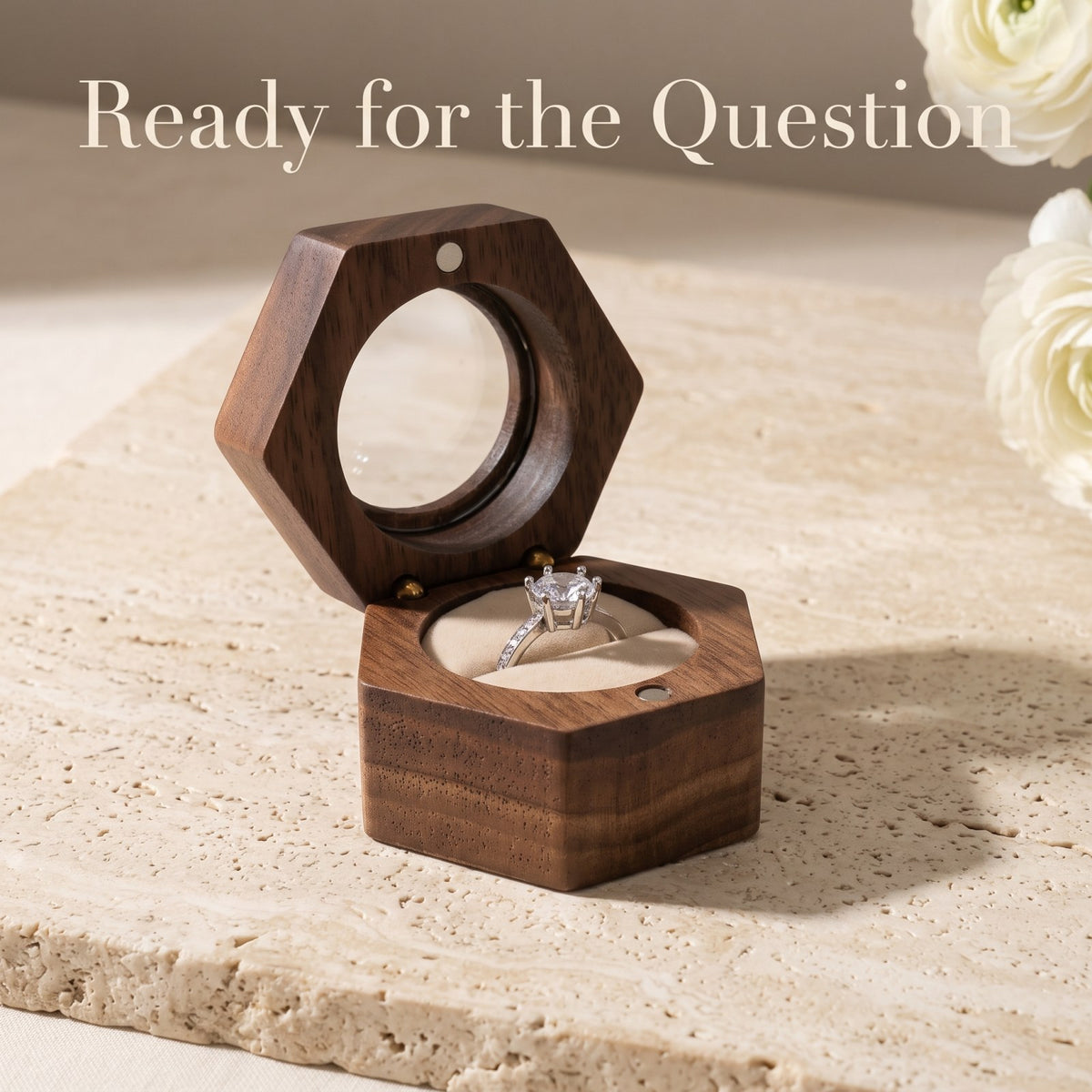 Walnut ring box held open during a proposal - Lucent - MAHOOSIVE