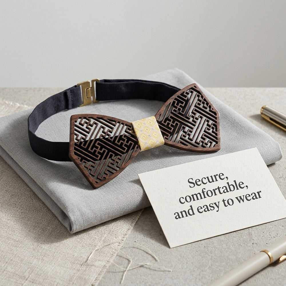 Meander walnut bow tie with cufflinks and pocket square - photo 2 - MAHOOSIVE