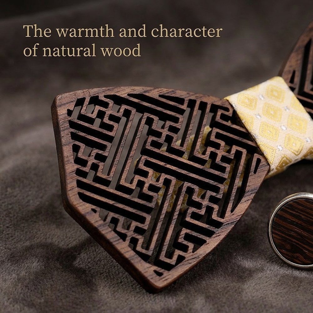Meander walnut bow tie with cufflinks and pocket square - photo 3 - MAHOOSIVE