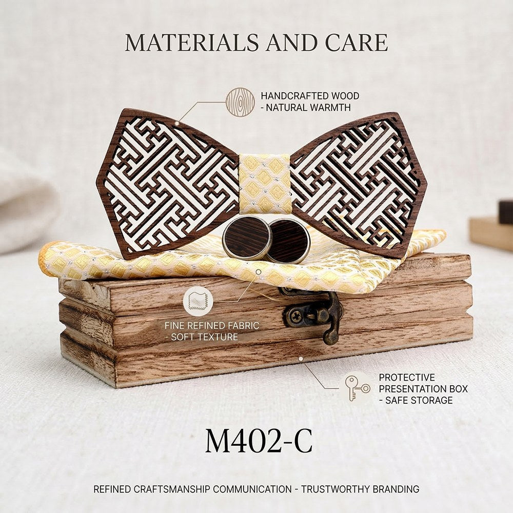 Meander walnut bow tie with cufflinks and pocket square - photo 4 - MAHOOSIVE