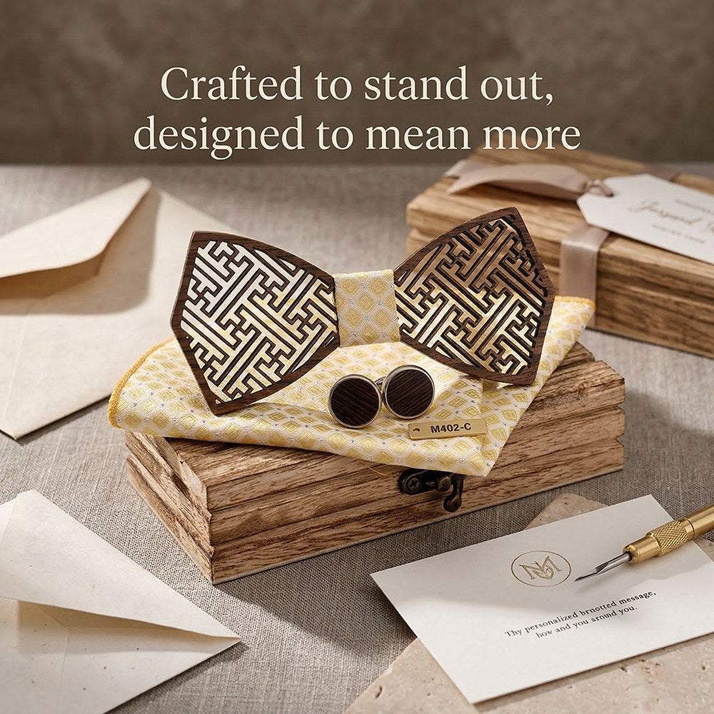 Meander walnut bow tie with cufflinks and pocket square - photo 5 - MAHOOSIVE