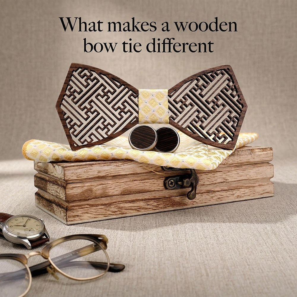 Meander walnut bow tie with cufflinks and pocket square - photo 6 - MAHOOSIVE