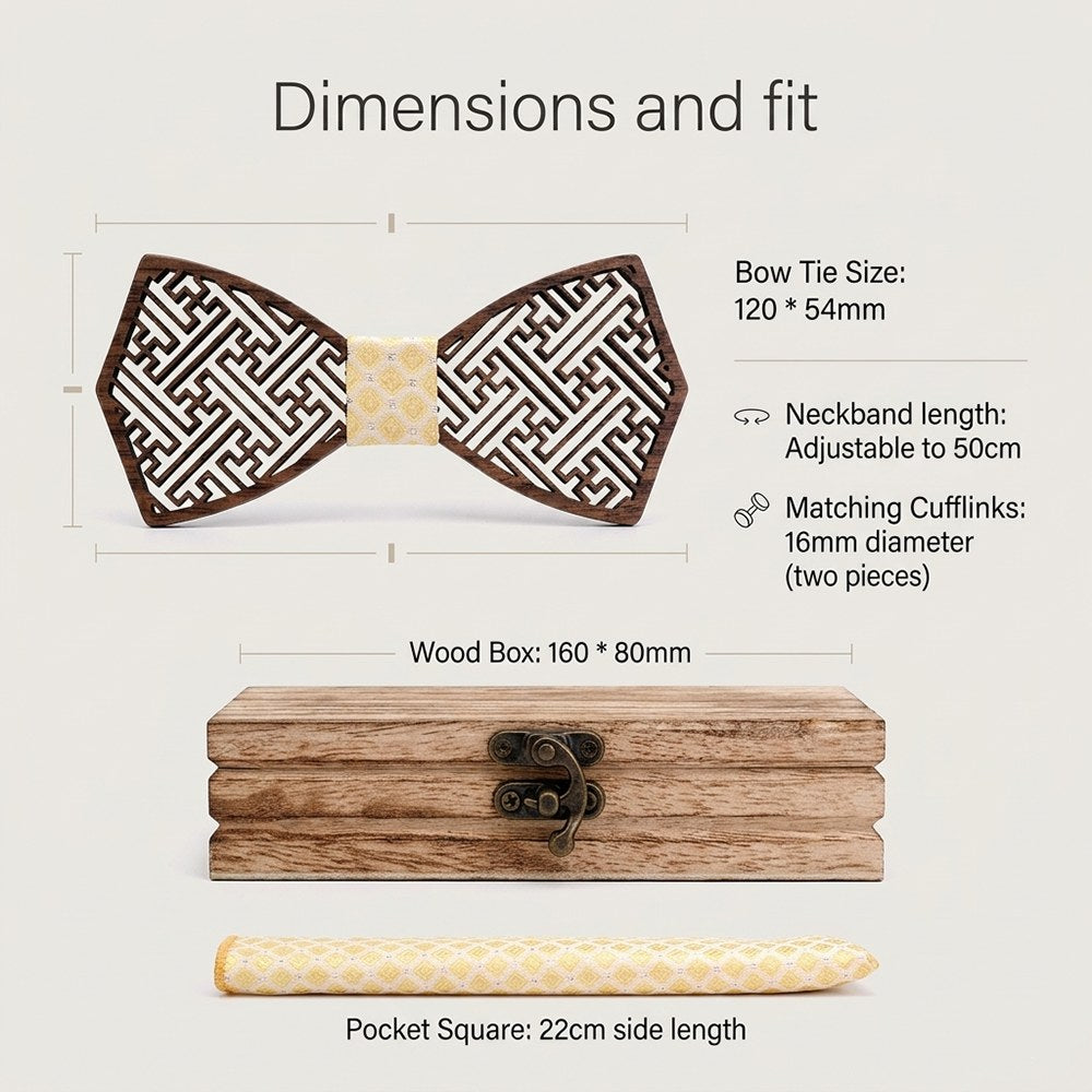 Meander walnut bow tie with cufflinks and pocket square - photo 7 - MAHOOSIVE