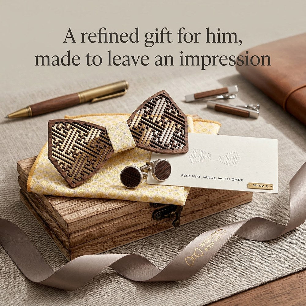 Meander walnut bow tie with cufflinks and pocket square - photo 8 - MAHOOSIVE