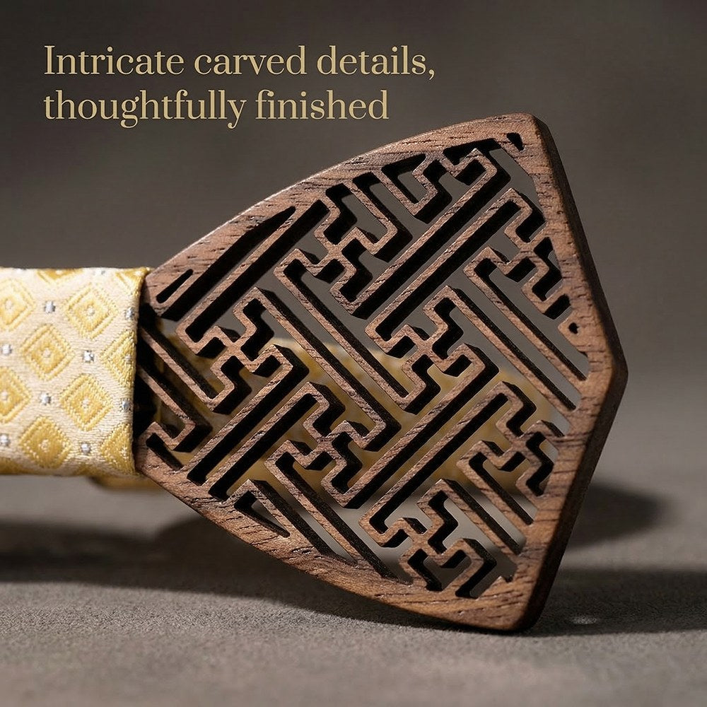 Meander walnut bow tie with cufflinks and pocket square - photo 9 - MAHOOSIVE