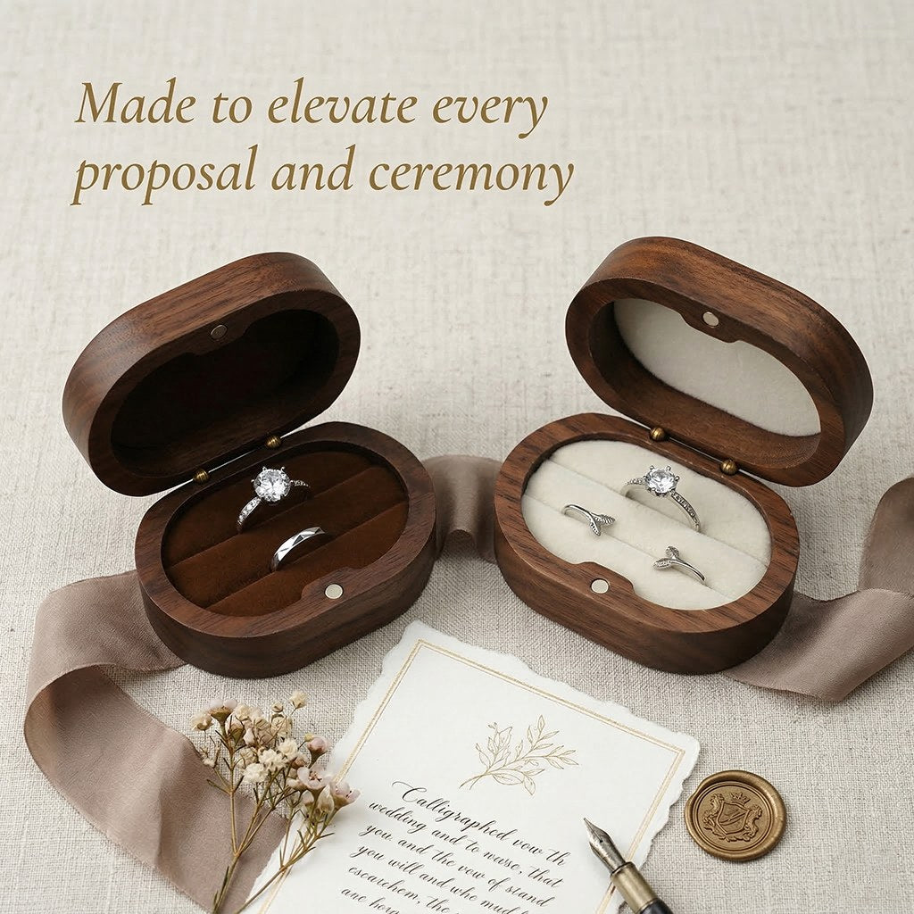 Walnut ring box single and double seat side by side - Ovation: Two Rings, One Answer - MAHOOSIVE