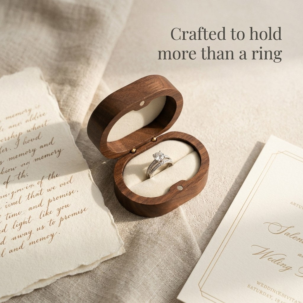 Walnut ring box open with a ring inside - Ovation - MAHOOSIVE