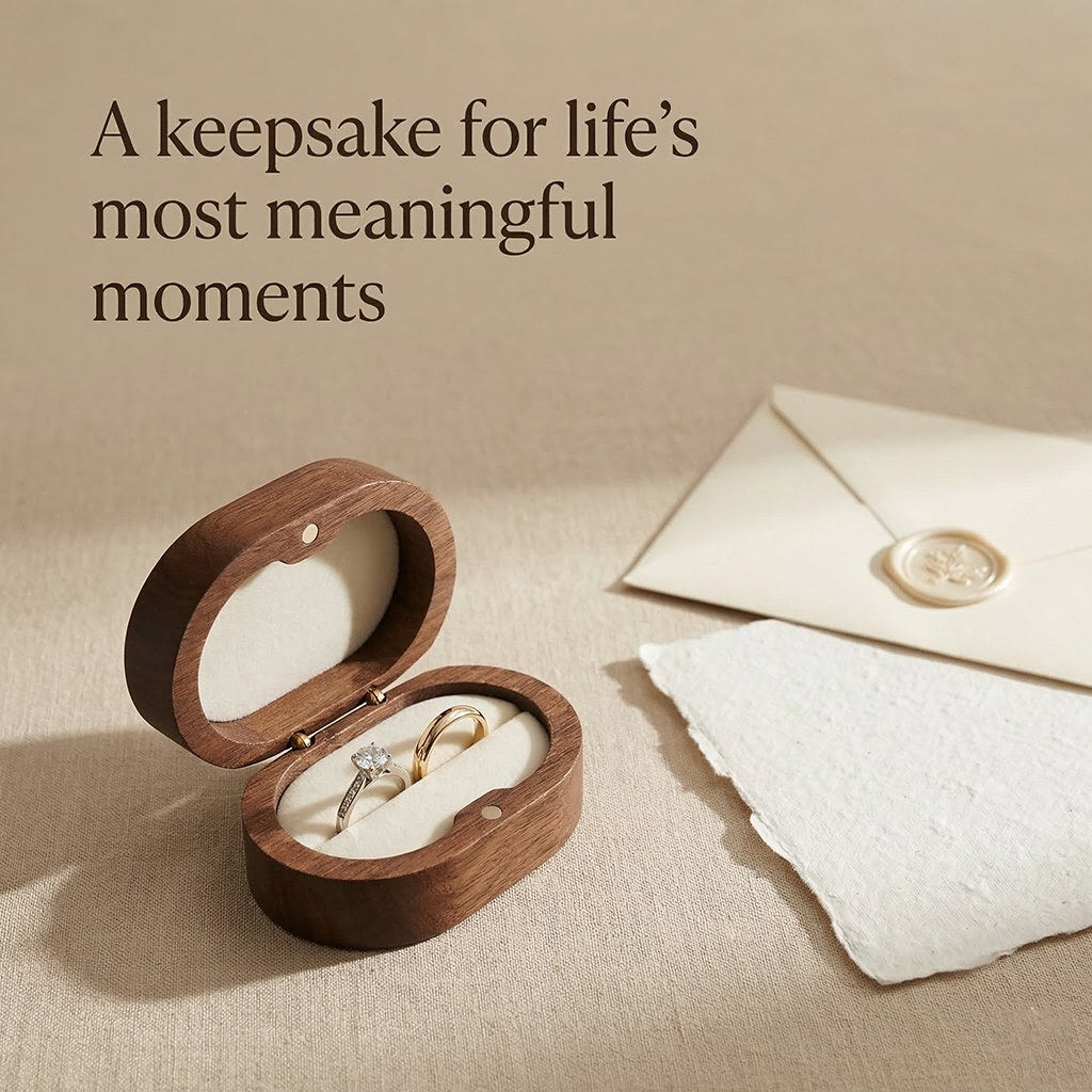 Walnut ring box beside a keepsake envelope - Ovation - MAHOOSIVE