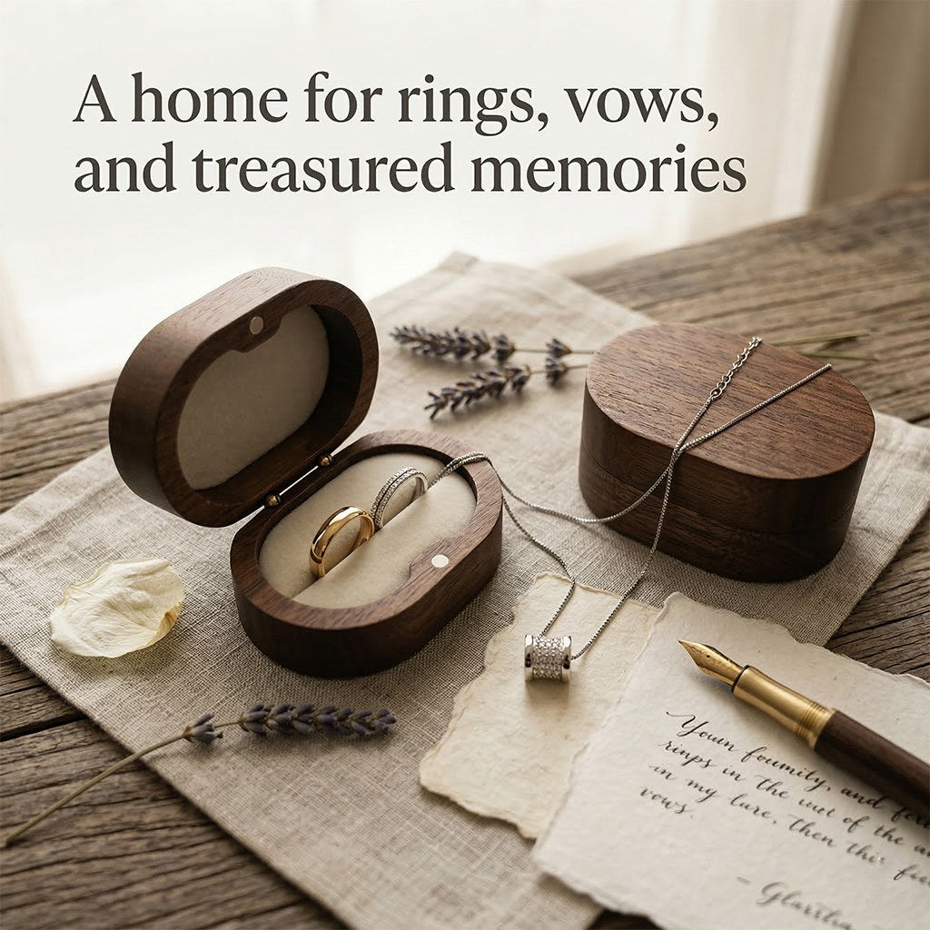 Walnut ring box holding rings and a necklace - Ovation - MAHOOSIVE