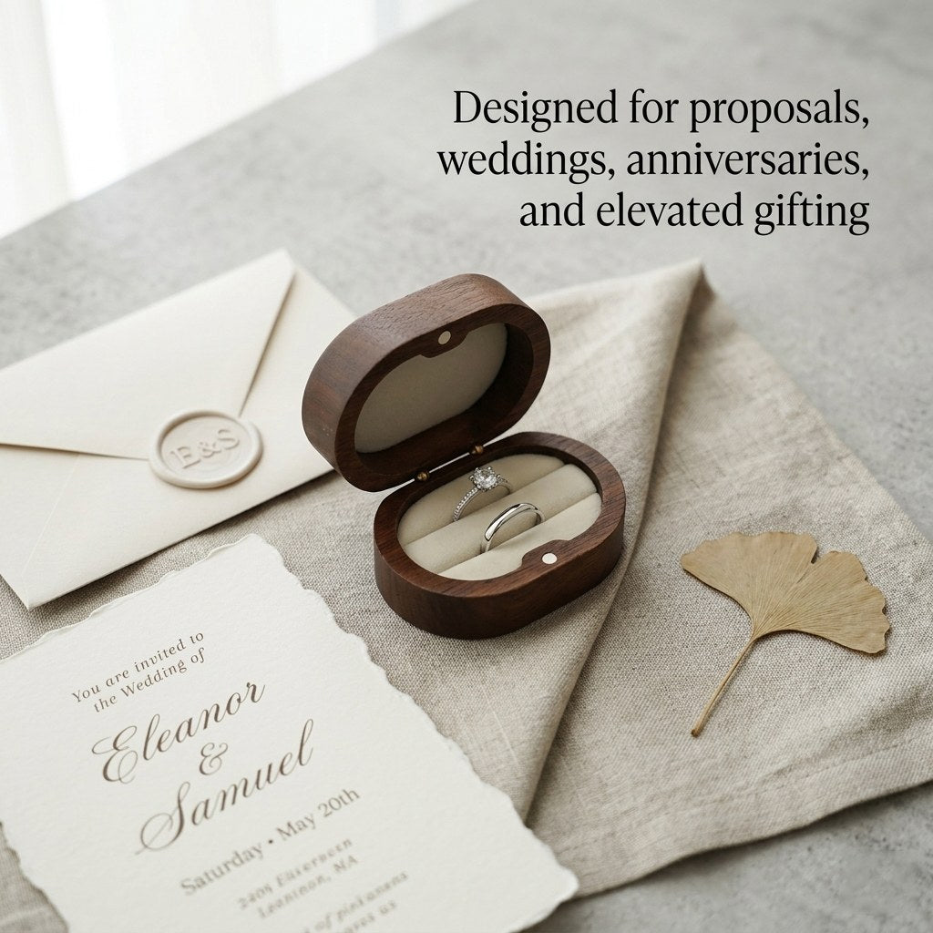 Walnut ring box in a wedding invitation flatlay - Ovation - MAHOOSIVE